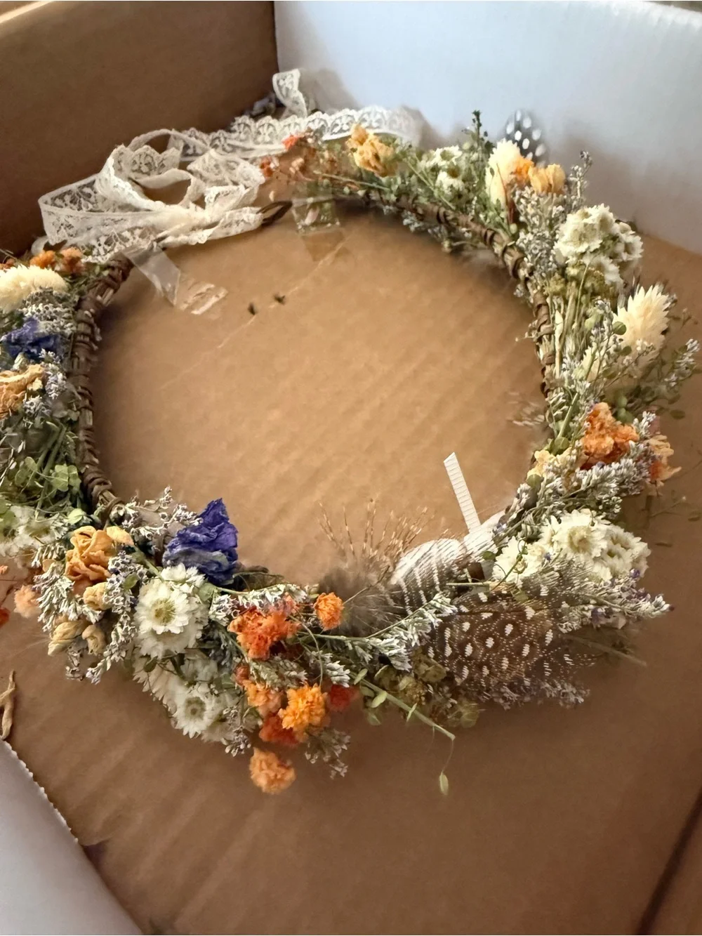 NEW Girls Dried Floral Crown with Lace Ribbon - Yellow, Orange, White, Purple.